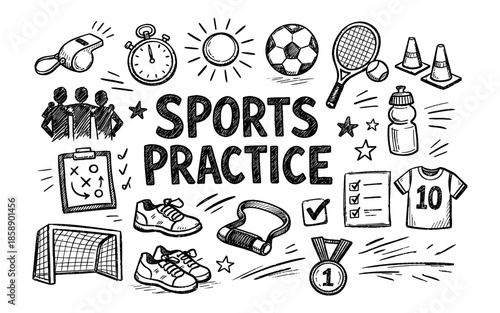 Doodle illustration of sports practice elements and equipment for training