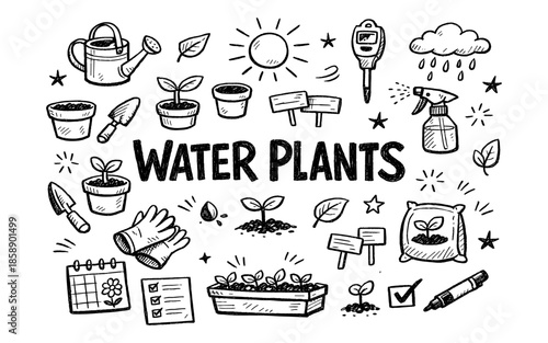 Doodle illustration of gardening tools and plant care items for watering plants