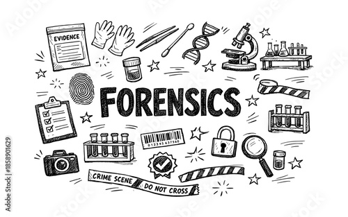 Doodle illustration of forensic science tools and concepts for investigation