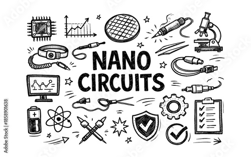 Doodle illustration of nano circuits with electronic components and scientific symbols