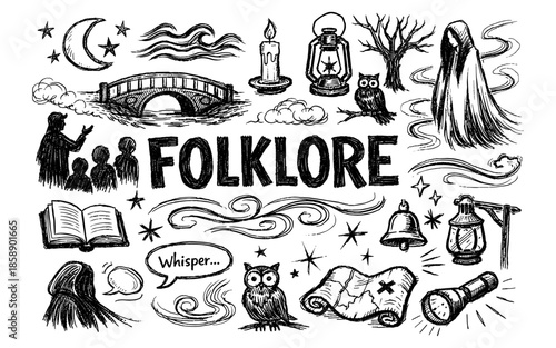 Hand-drawn collection of folklore elements and symbols in a whimsical sketch style