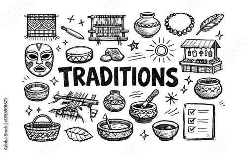 Doodle illustration of various cultural traditions and artifacts