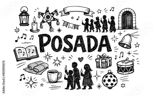 Doodle illustration of Posada celebration with traditional elements and festive symbols