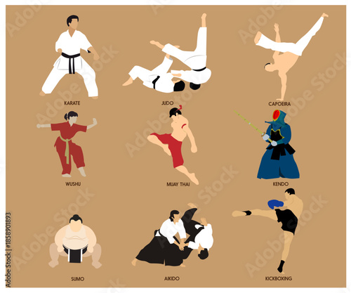 Martial Arts Vector Illustration with Various Subjects