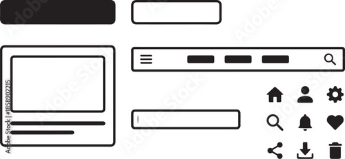 Basic interface vector set for website navigation and user interface design with icons button search box menu home account setting