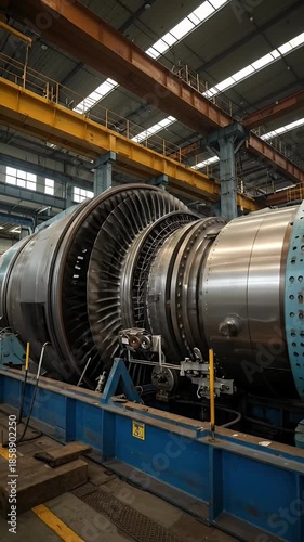 Wallpaper Mural Industrial Turbine Engine Assembly In Factory With Yellow Beams And Blue Supports Torontodigital.ca