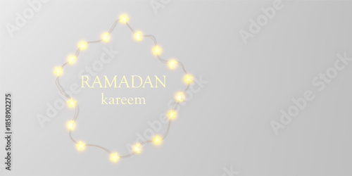 Star moon light garland wreath, fairy bulbs vector holiday card. Ramadan Kareem typography in shiny border. Wired lamps glow around text, glitter ribbon ornament. Bright lightbulbs, star chain flatlay