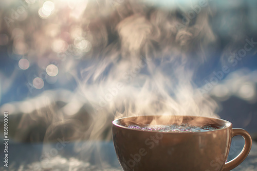 Hot water in a brown cup with steam rising against a blurred background