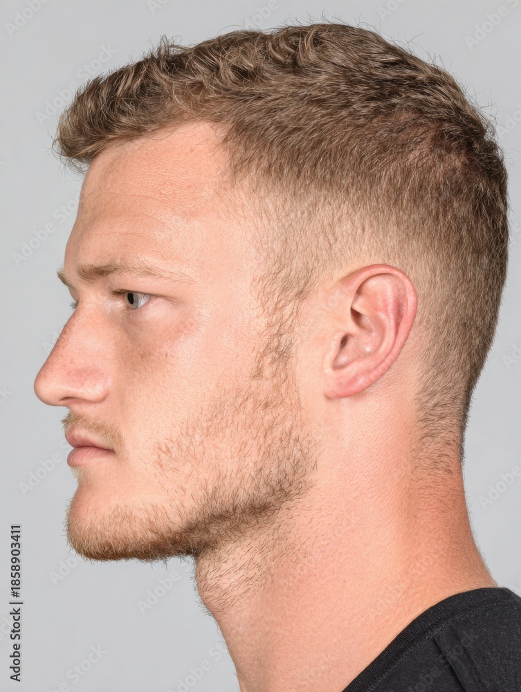 Obraz premium Close-up Profile View of a Young Man With Short Hair and Well-Groomed Beard Against a Neutral Background