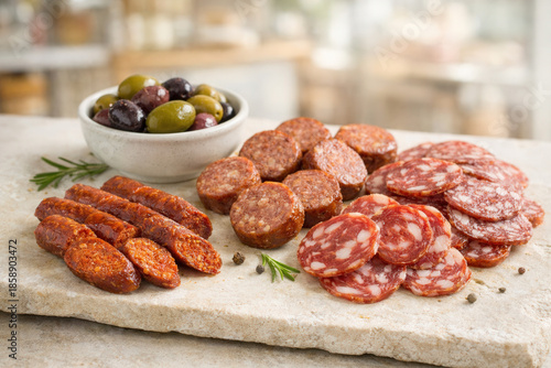Mediterranean Charcuterie Board With Salami Slices And Mixed Olives On Stone
