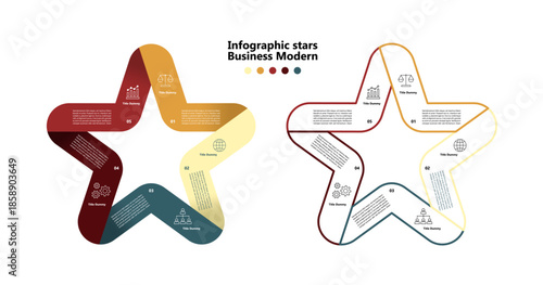 Infographic star chart template with 5 steps and options. Modern, simple star infographic with 5 options for business presentations or visual communication. 5 parts. Vector editable eps.