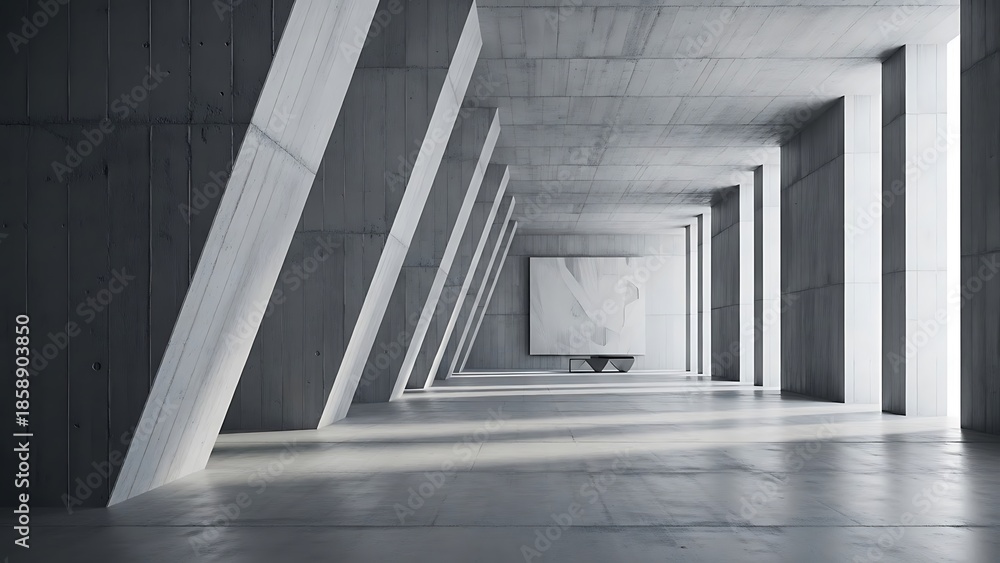 Obraz premium Concrete Corridor with Angled Support Beams and Artwork at the End