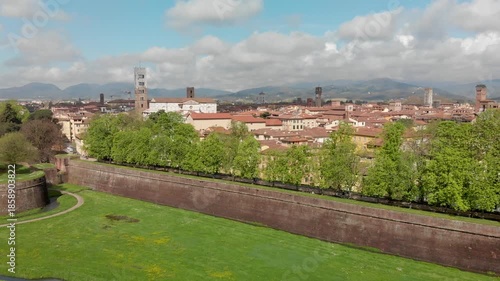 Aerial view of Lucca, Tuscany. Medieval town from outside the old city walls