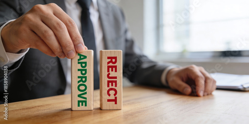 Businessman choosing to approve or reject decision in modern professional office environment setting