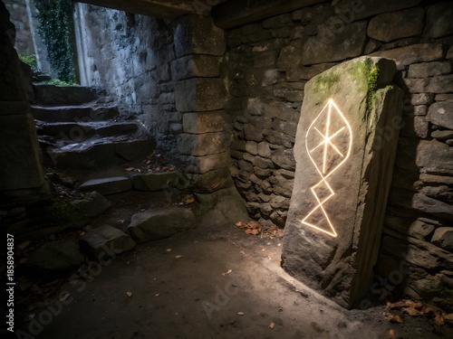 Glowing Rune Stone in Ancient Ruins