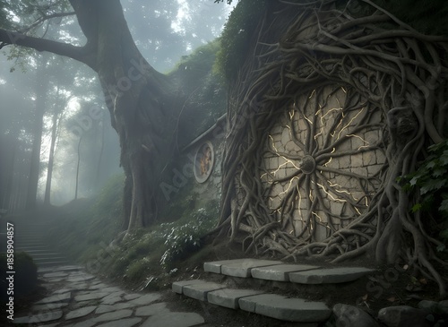Misty Forest Path to Ancient Root-Covered Stone Door with Glowing Cracks