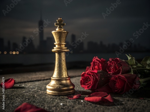 Golden King Chess Piece with Roses and City Skyline