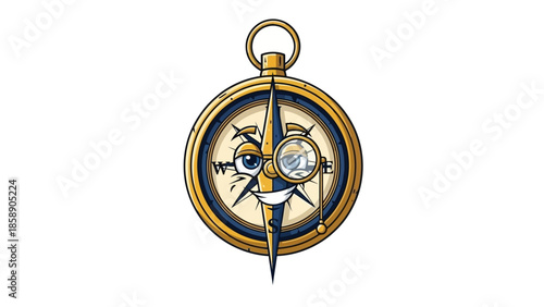 A detailed illustration of a compass with a gold and blue design on a white background