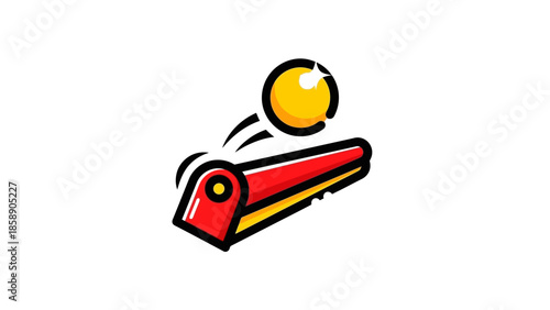 A red and yellow cricket bat hits a yellow ball in mid-air
