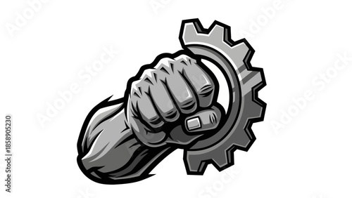 A clenched fist holding a gear, symbolizing industrial strength and mechanical power
