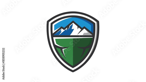 A shield emblem featuring a stylized landscape with mountains and greenery Free Download A shield emblem featuring a stylized landscape with mountains and greenery - GFXLoad
