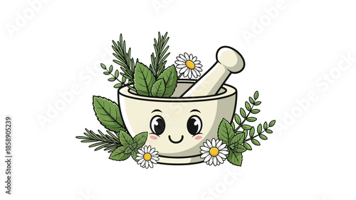 A cartoon mortar and pestle surrounded by herbs and flowers on a white background