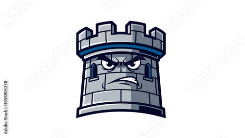 A stern stone castle turret with a menacing face gazes forward with an imposing presence.