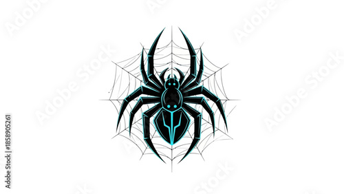 A black spider graphic illustration on a white background with a web surrounding it