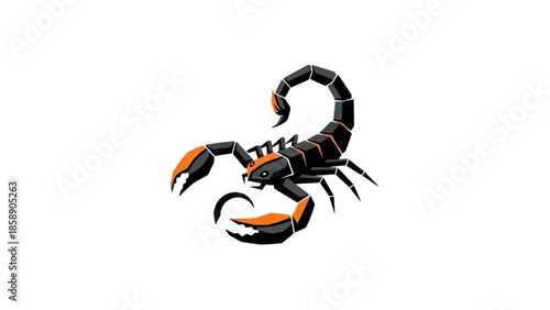A black and orange scorpion illustration on a plain white background viewed from the side