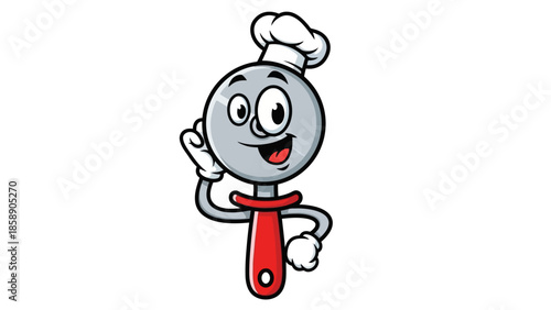 A cartoon ladle character wearing a chef's hat and giving a friendly wave, illustrated in a playful style on a white background.
