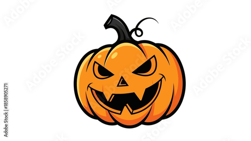 A carved pumpkin face with a menacing expression sitting on a white background
