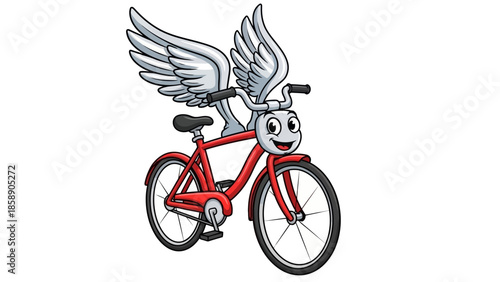 A red bicycle with wings is flying through the air with a smiling face
