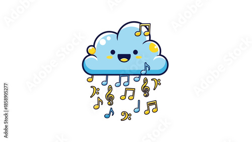 A smiling cloud with music notes raining down, illustration of a happy weather scene from a whimsical viewpoint.