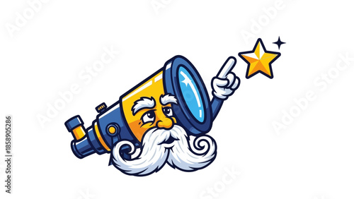A cartoon telescope with a face and white beard pointing at a yellow star in space