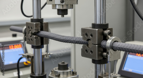 Closeup of industrial tensile strength test on ribbed steel rebar using hydraulic universal testing machine with digital control gauges in materials engineering laboratory