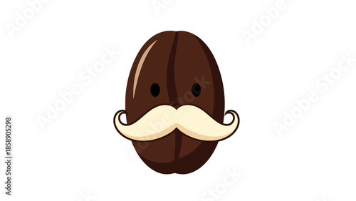 A cartoon coffee bean with a mustache on a white background