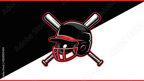 Baseball illustration featuring crossed bats and helmet on a split background