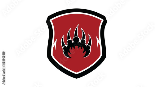 Illustration of a red shield with a black paw print and flames