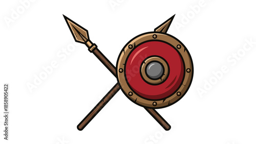 Ancient warrior's shield and spear illustration on a white background from a front viewpoint
