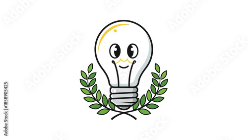 A smiling lightbulb surrounded by green leaves, symbolizing eco-friendly ideas and innovation, viewed from the front.