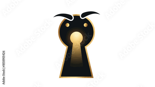 A golden keyhole shines brightly with horn-like protrusions on a black background