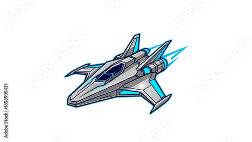 Futuristic spaceship illustration with sleek design and vibrant blue accents