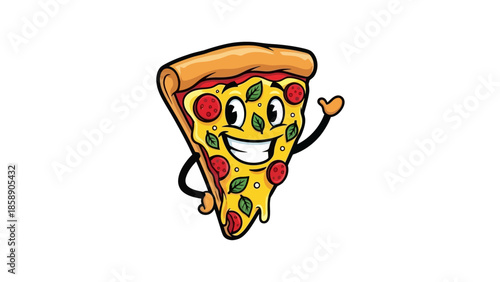 A cartoon pizza slice character happily dancing with a big smile and waving hand in a cheerful illustration