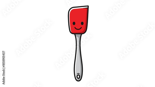 A red spatula with a smiley face on a white background