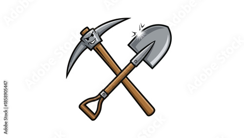 Crossed pickaxe and shovel illustration on white background