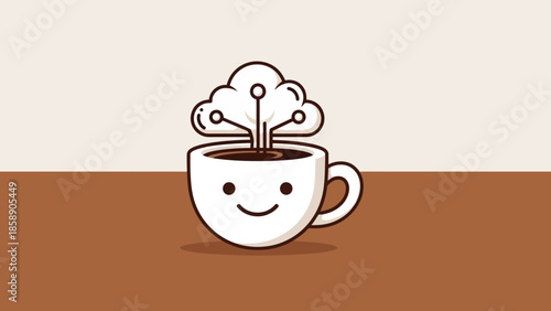 A smiling coffee cup with rising steam on a brown table against a neutral background