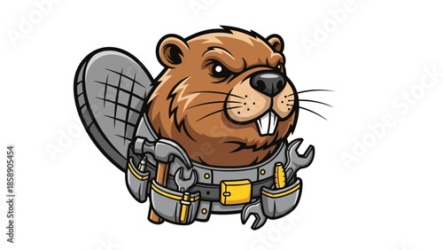 A cartoon beaver wearing mechanical armor and holding tools is depicted in a simple illustration style