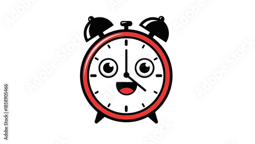 A cartoon alarm clock with a surprised expression on its white face is centered on a plain white background