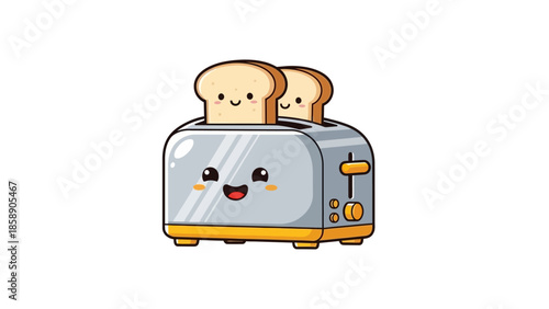 A cartoon toaster with smiling bread inside, on a plain white background, illustration of a happy appliance