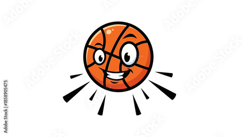 A cartoon basketball character with a smiling face and energetic motion